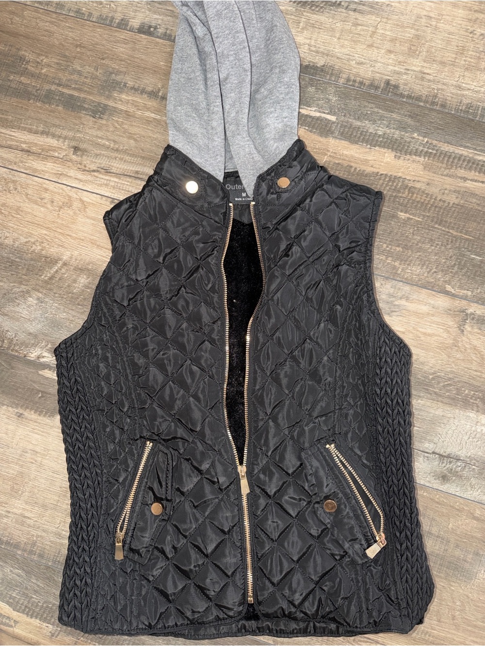 Outer Edge Black Quilted Hooded Vest with Gold Hardware